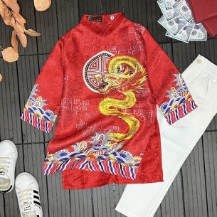 Áo Dài Cách Nền Đỏ Rồng Vàng