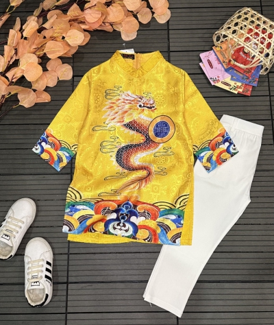 Áo Dài Hoạ Tiết Rồng Vàng