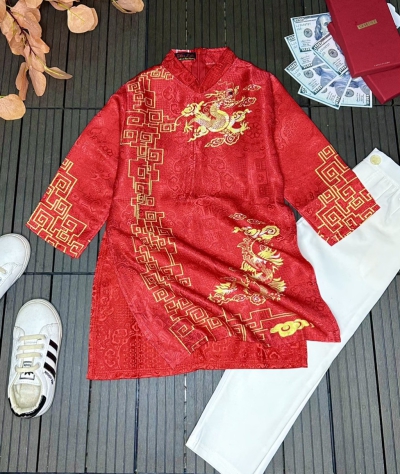Áo Dài Cách Tân Hoạ Tiết Rồng Vàng Nền D