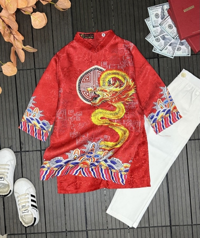 Áo Dài Cách Nền Đỏ Rồng Vàng