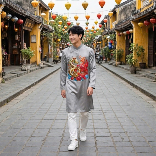 ÁO DÀI CÁCH TÂN NAM RỒNG PHƯỢNG 