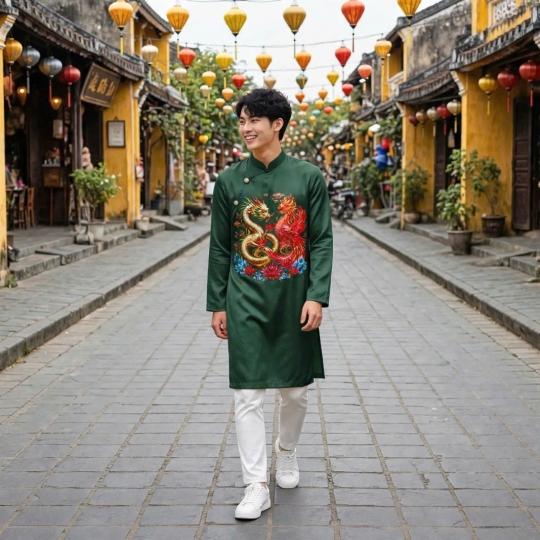 ÁO DÀI CÁCH TÂN NAM RỒNG PHƯỢNG 
