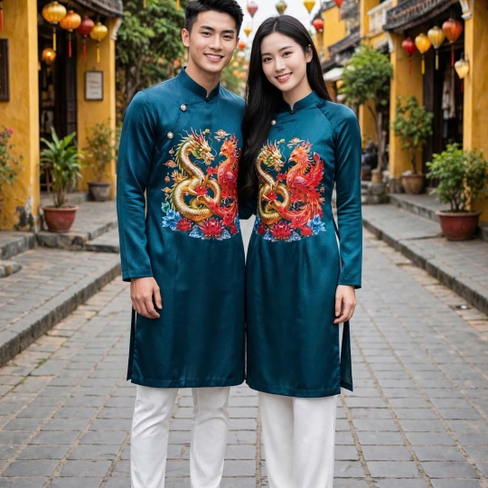 ÁO DÀI CÁCH TÂN NAM RỒNG PHƯỢNG 