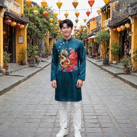 ÁO DÀI CÁCH TÂN NAM RỒNG PHƯỢNG 