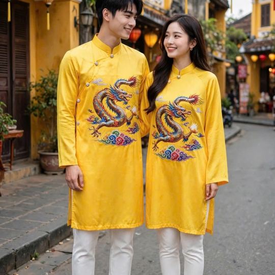 ÁO DÀI HỌA TIẾT RỒNG MÂY NGŨ SẮC