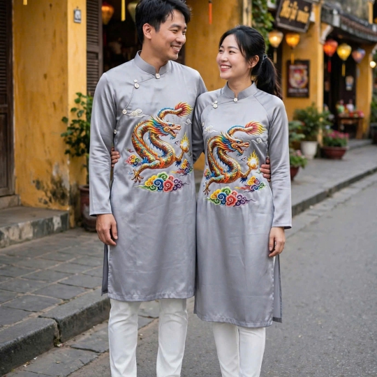 ÁO DÀI HỌA TIẾT RỒNG MÂY NGŨ SẮC