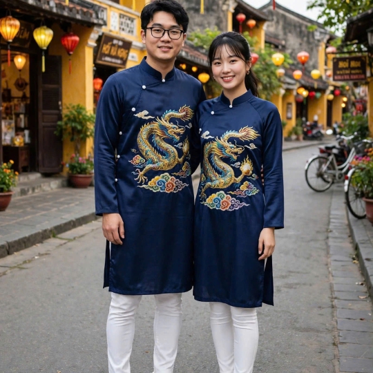 ÁO DÀI HỌA TIẾT RỒNG MÂY NGŨ SẮC