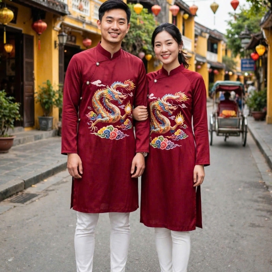 ÁO DÀI HỌA TIẾT RỒNG MÂY NGŨ SẮC
