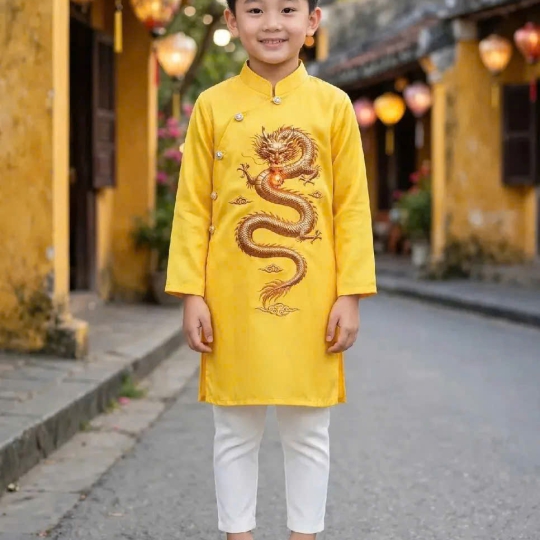 ÁO DÀI CÁCH TÂN HỌA TIẾT RỒNG VÀNG