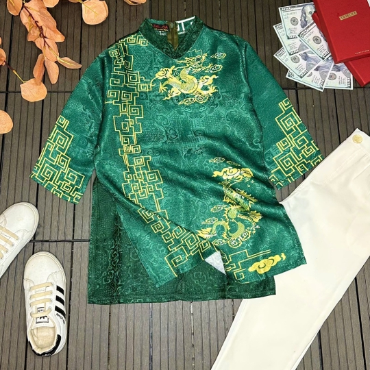 Áo Dài Cách Tân Hoạ Tiết Rồng Vàng Nền D