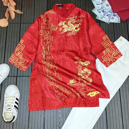 Áo Dài Cách Tân Hoạ Tiết Rồng Vàng Nền D