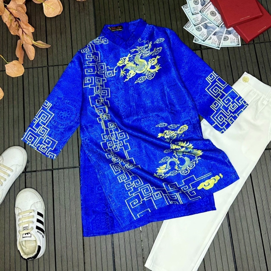 Áo Dài Cách Tân Hoạ Tiết Rồng Vàng Nền D