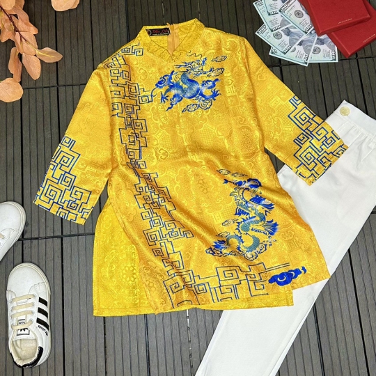 Áo Dài Cách Tân Hoạ Tiết Rồng Vàng Nền D