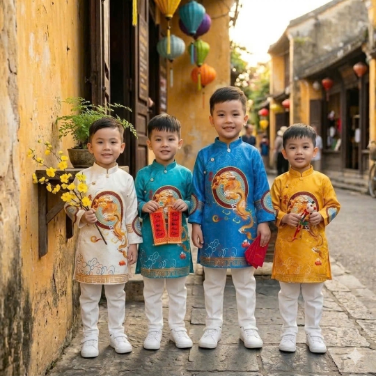 ÁO DÀI CÁCH TÂN BÉ TRAI VẢI GẤM